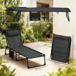 Outsunny Lounger Folding Reclining Camping Bed 5-Position Adjustable Black - thumbnail 3