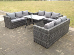 Fimous Outdoor Rattan Garden Furniture Lounge Sofa Set With Oblong Dining Table With Clear Tempered Glass - thumbnail 3