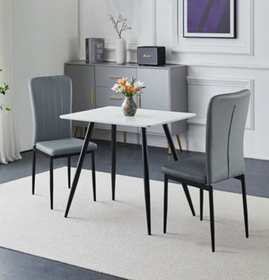 Hallowood Furniture Cullompton Small Rectangular 80Cm Dining Table, White Marble Effect Top, With 2 Grey Faux Leather Chairs - image 1