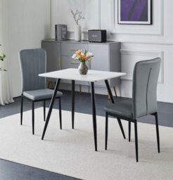 Hallowood Furniture Cullompton Small Rectangular 80Cm Dining Table, White Marble Effect Top, With 2 Grey Faux Leather Chairs