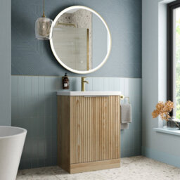 Affine 600mm Fluted Vanity Unit Basin Ceramic Sink Freestanding Door Cabinet Bathroom Storage Wood - thumbnail 4