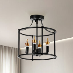 Komore 4-Light Black Drum Cage Ceiling Light E14,metal Frame Semi Flush Modern Industrial Round Ceiling Lamp - thumbnail 5