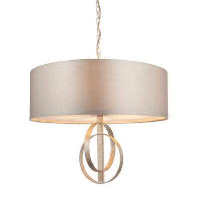 Antique Silver Ceiling Pendant Light & Mink Satin Shade - 5 Bulb Hanging Fitting - image 1