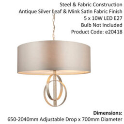 Antique Silver Ceiling Pendant Light & Mink Satin Shade - 5 Bulb Hanging Fitting - thumbnail 2