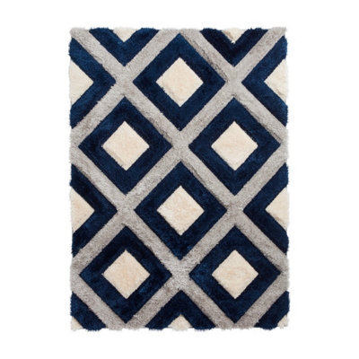 Grey Navy Shaggy Rug, Geometric Rug With 40mm Thickness, Modern Luxurious Rug For Bedroom, & Dining Room-80Cm X 150Cm