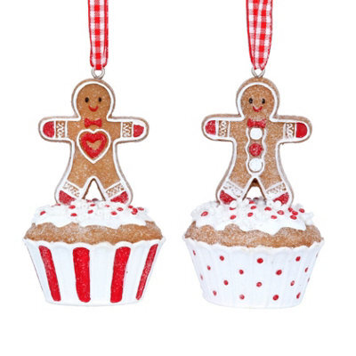 Gisela Graham Christmas Set Of Two Gingerbread Cupcake Hanging Ornaments, Small 9 Cm, Pair