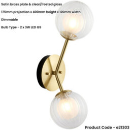 Loops Satin Brass Dimmable Wall Light - 2X Dome Ribbed Glass Shade -  2X 3W Led G9 - thumbnail 2