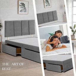 Grey Plush Fabric 5Ft King Size Bed Frame With 20 Inch Vertical Line Headboard And 2 Drawers - thumbnail 3