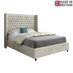 Volta Straight Winged Upholstered Soft Velvet Bed Frame - Cream - thumbnail 6