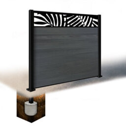 Easycomposite 5Ft Composite Fence Panel & Aluminium Post Sunken In Ground - Anthracite Boards & Leafy Topper Trellis