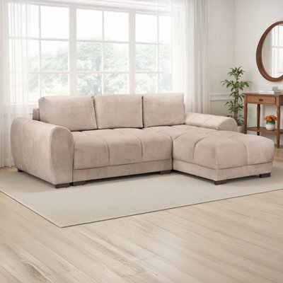 Furnishings For Less UK Zura Mocha Brown Plush Velvet Large 3 Seater L Shaped Universal Corner Sofa Bed Wooden Legs - image 1