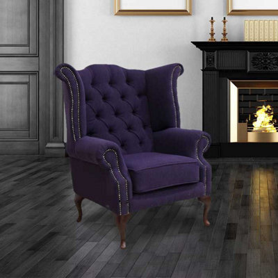 Chesterfield High Back Wing Chair Verity Purple Fabric Bespoke In Queen Anne Style - image 1