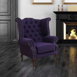 Chesterfield High Back Wing Chair Verity Purple Fabric Bespoke In Queen Anne Style - thumbnail 1