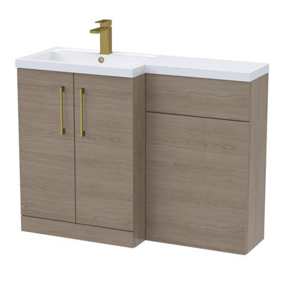 Balterley Left-Hand Bathroom Vanity And Wc Unit Combination With Basin - 1100mm - Woodgrain Mid Oak With Brushed Brass Handles
