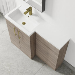 Balterley Left-Hand Bathroom Vanity And Wc Unit Combination With Basin - 1100mm - Woodgrain Mid Oak With Brushed Brass Handles - thumbnail 3