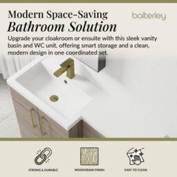 Balterley Left-Hand Bathroom Vanity And Wc Unit Combination With Basin - 1100mm - Woodgrain Mid Oak With Brushed Brass Handles - thumbnail 2
