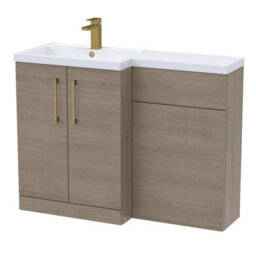 Balterley Left-Hand Bathroom Vanity And Wc Unit Combination With Basin - 1100mm - Woodgrain Mid Oak With Brushed Brass Handles - thumbnail 1
