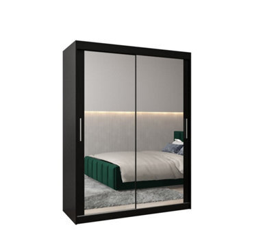 Arte Tokyo 03 Contemporary Mirrored 2 Sliding Door Wardrobe 5 Shelves 2 Rails Black Matt (H)2000mm (W)1500mm (D)620mm - image 1