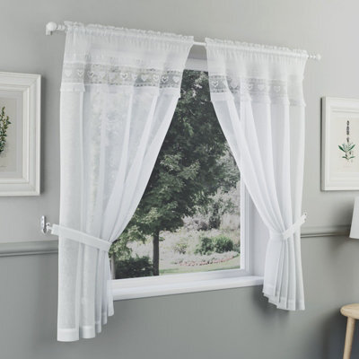 "Tyrone Textiles Lucy Embroidered Heart Kitchen Window Set Curtain Pair With Frill Edging And Matching Tie Backs (White,48""(122Cm))" - image 1