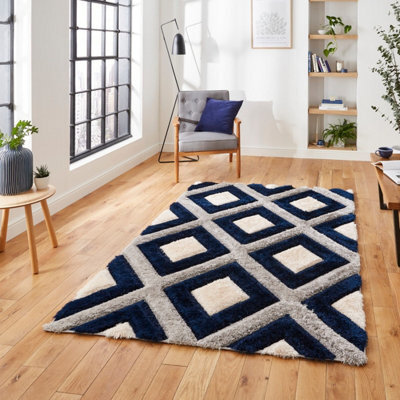 Grey Navy Shaggy Modern Geometric Machine Made Easy To Clean Rug For Living Room Bedroom And Dining Room-80Cm X 150Cm - image 1