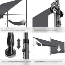 Tectake Awning With Hand Crank - Pressure Fitted , Height Adjustable 350 X 180 Cm - Black/grey - thumbnail 5