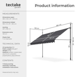 Tectake Awning With Hand Crank - Pressure Fitted , Height Adjustable 350 X 180 Cm - Black/grey - thumbnail 6