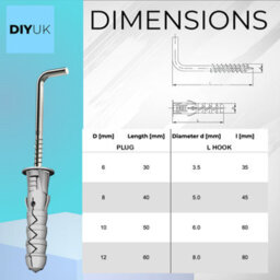 DIYUK Hooks For Hanging L Shape With Plug M8X40mm ( Pack Of: 10 ) Square Screws Hook Wall Hanger - thumbnail 3