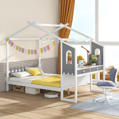 Costway Double Size Wooden Kids House Bed Frame With Desk - image 1