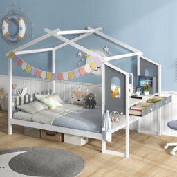 Costway Double Size Wooden Kids House Bed Frame With Desk - thumbnail 5