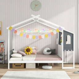 Costway Double Size Wooden Kids House Bed Frame With Desk - thumbnail 4