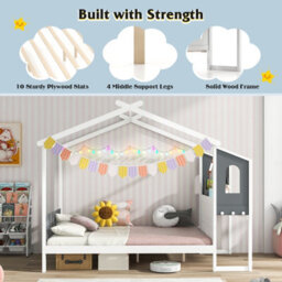 Costway Double Size Wooden Kids House Bed Frame With Desk - thumbnail 9