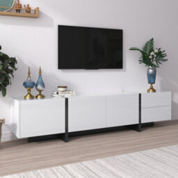 Btm Low Tv Cabinet, High Gloss White & Black With Drawers, Shelves & Colorblocked Legs, Modern Design - thumbnail 8