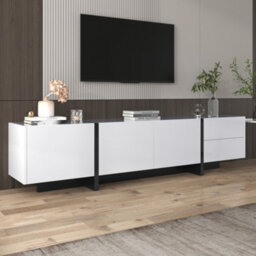 Btm Low Tv Cabinet, High Gloss White & Black With Drawers, Shelves & Colorblocked Legs, Modern Design - thumbnail 4