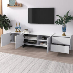 Btm Low Tv Cabinet, High Gloss White & Black With Drawers, Shelves & Colorblocked Legs, Modern Design - thumbnail 9
