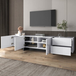 Btm Low Tv Cabinet, High Gloss White & Black With Drawers, Shelves & Colorblocked Legs, Modern Design - thumbnail 3