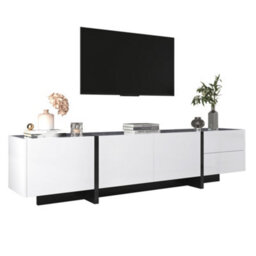 Btm Low Tv Cabinet, High Gloss White & Black With Drawers, Shelves & Colorblocked Legs, Modern Design - thumbnail 5