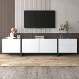 Btm Low Tv Cabinet, High Gloss White & Black With Drawers, Shelves & Colorblocked Legs, Modern Design - thumbnail 1