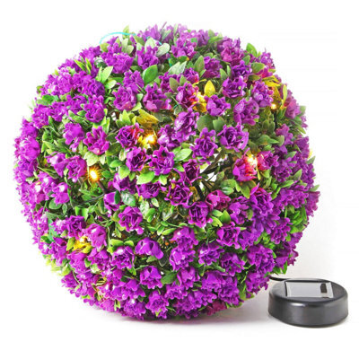 Taylor & Brown 1 Pack 28Cm Solar Powered Led Rose Topiary Ball, Artificial Hanging Ornament With 20 Lights, Garden Decor (Purple) - image 1