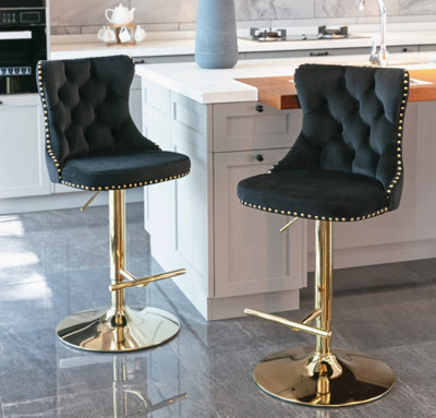 HomeTouch Set Of 2 Velvet Swivel Bar Stools With Golden Base Adjustable Hight Counter Barstools  Black - image 1