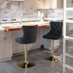 HomeTouch Set Of 2 Velvet Swivel Bar Stools With Golden Base Adjustable Hight Counter Barstools  Black - thumbnail 4