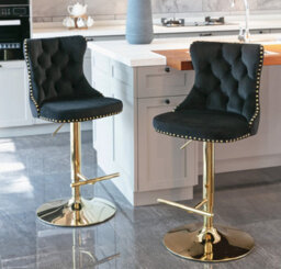 HomeTouch Set Of 2 Velvet Swivel Bar Stools With Golden Base Adjustable Hight Counter Barstools  Black - thumbnail 1