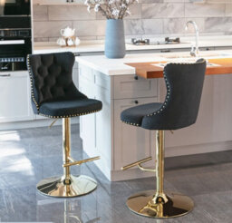 HomeTouch Set Of 2 Velvet Swivel Bar Stools With Golden Base Adjustable Hight Counter Barstools  Black - thumbnail 3