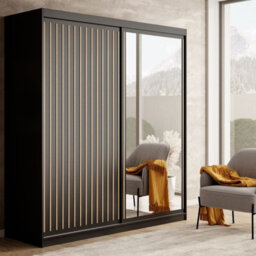 Delia 180 Artisan With Black Sliding Door Wardrobe Modern Design With Mirror And Decorative Slats - thumbnail 2