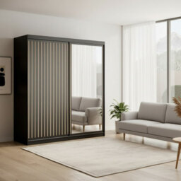 Delia 180 Artisan With Black Sliding Door Wardrobe Modern Design With Mirror And Decorative Slats - thumbnail 1
