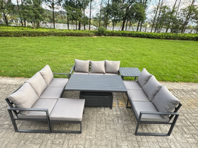 Fimous U-Shaped Garden Furniture Set 10-Seater Aluminium With Adjustable Rising Lifting Dining Table Side Table Big Footstool - image 1