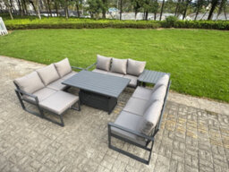 Fimous U-Shaped Garden Furniture Set 10-Seater Aluminium With Adjustable Rising Lifting Dining Table Side Table Big Footstool - thumbnail 2