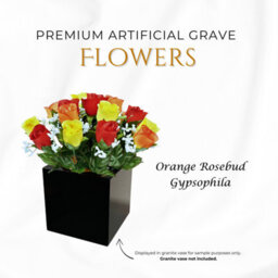 Premium Artificial Grave Flowers - 25Cm Orange Rosebud With Gypsophila Memorial Vase Pot - thumbnail 3