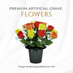 Premium Artificial Grave Flowers - 25Cm Orange Rosebud With Gypsophila Memorial Vase Pot