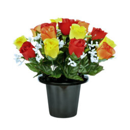 Premium Artificial Grave Flowers - 25Cm Orange Rosebud With Gypsophila Memorial Vase Pot - thumbnail 2