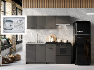 Impact Furniture Kitchenette Kitchen Cabinets 5 Units With Sink Black Grey 180Cm Set Complete Fitted Package With Worktop Lina - image 1